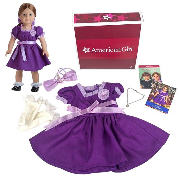 American Girl Emily Doll Holiday Outfit Purple Dress Necklace Bow Socks Card Box - Picture 1 of 9